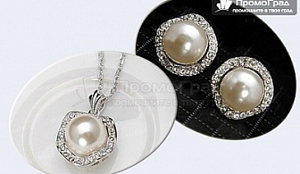 Колие и обеци от естествени перли със Сваровски елементи и бяло златно покритие