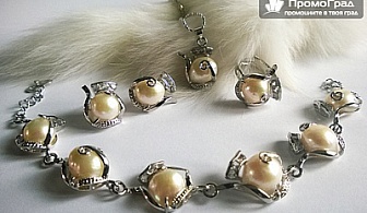 Комплект - колие, обеци, гривна и пръстен с естествени перли и Сваровски елементи