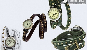 Кожена дамска гривна-часовник във Vintage стил