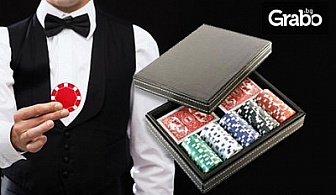 Покер комплект със 100 чипа, две тестета карти и луксозна кожена кутия