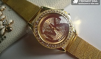 Позлатен унисекс часовник със Сваровски елементи (Michael Kors - реплика) с 1 година гаранция