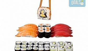 Суши екзотика в сет Izanami със 123 бр. хапки с манго, сьомга, риба тон, нори и японски сосове от Sushi King!